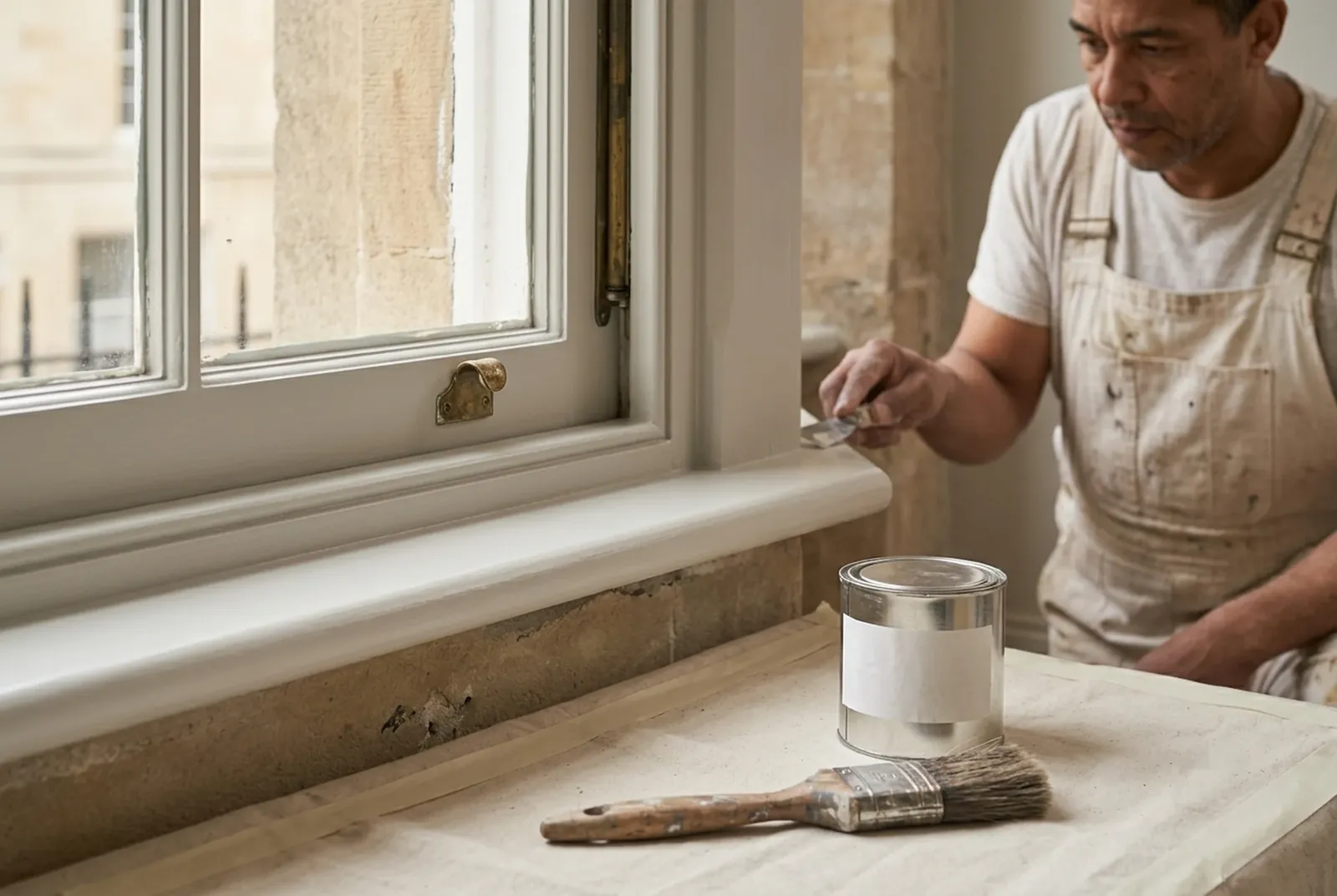 A decorator finishing a repaired, freshly painted sash window sill