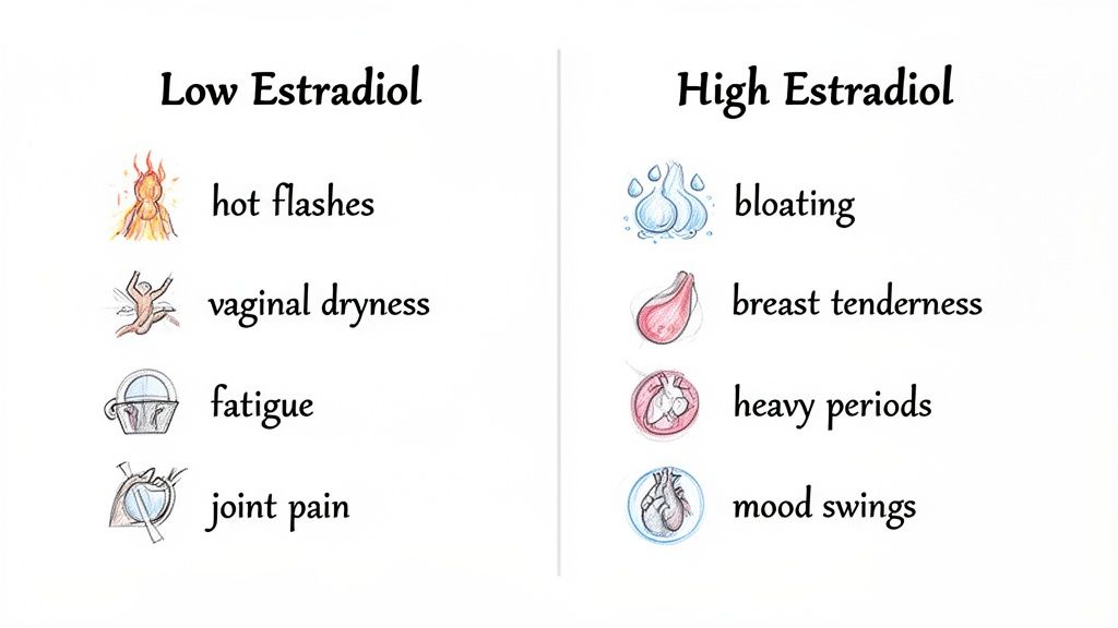 Graphic detailing symptoms of low estradiol (hot flashes, joint pain) and high estradiol (bloating, mood swings).