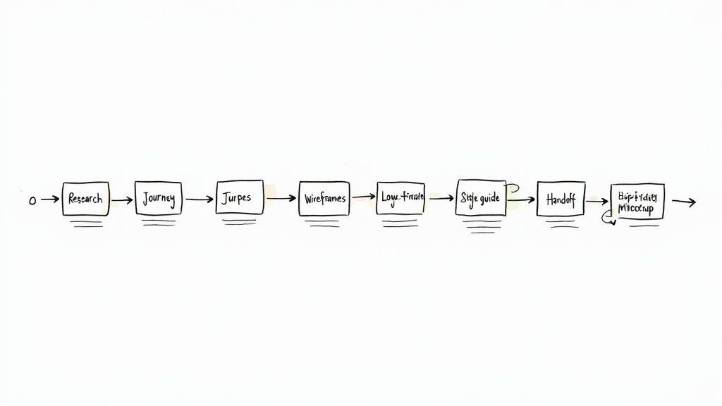 A hand-drawn flowchart illustrates the UX design process, from research, journey mapping, to high-fidelity mockups.