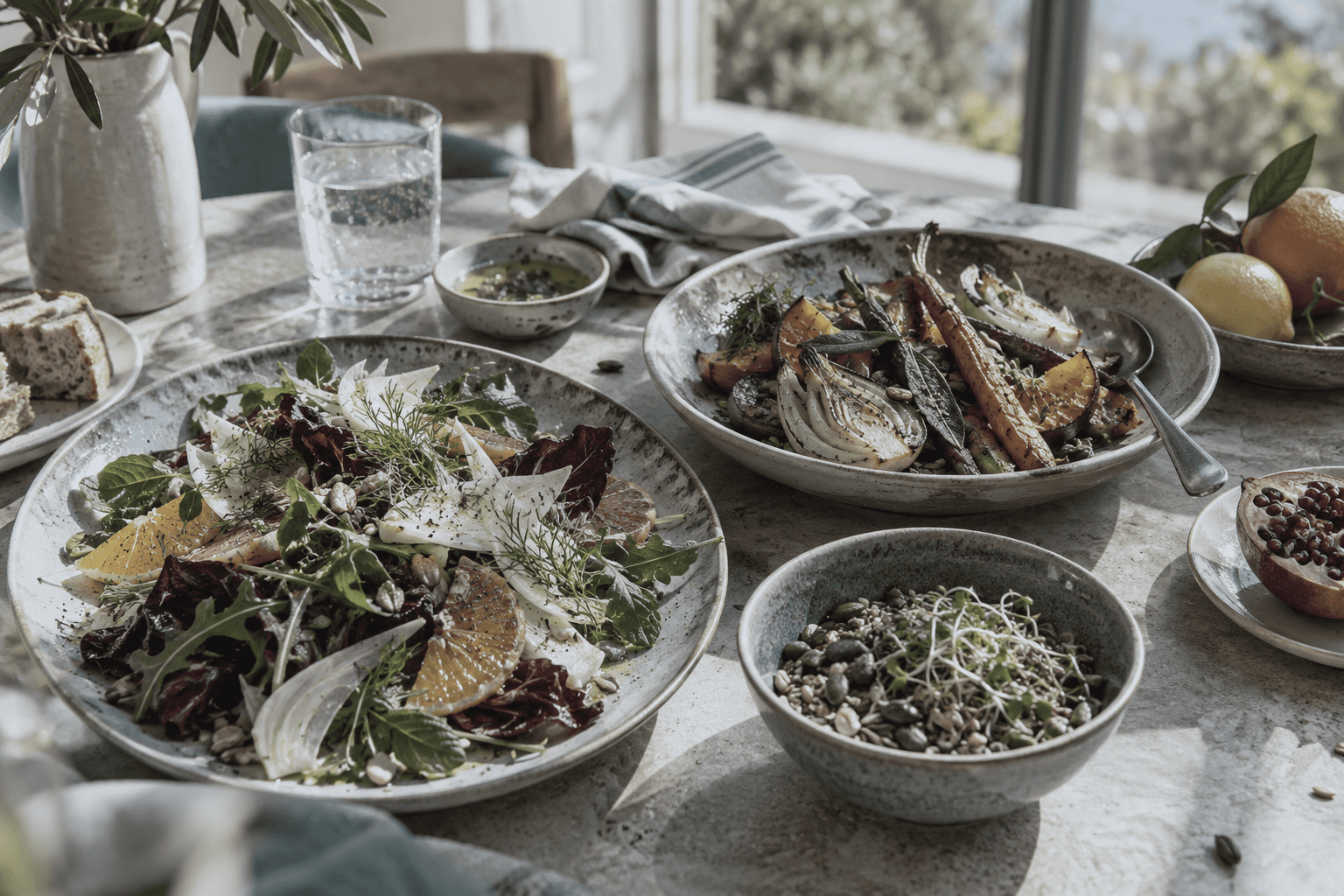 Table dressée en extérieur avec une salade de fenouil et d’agrumes, un plat de légumes rôtis et un bol de graines germées, dans une lumière naturelle.