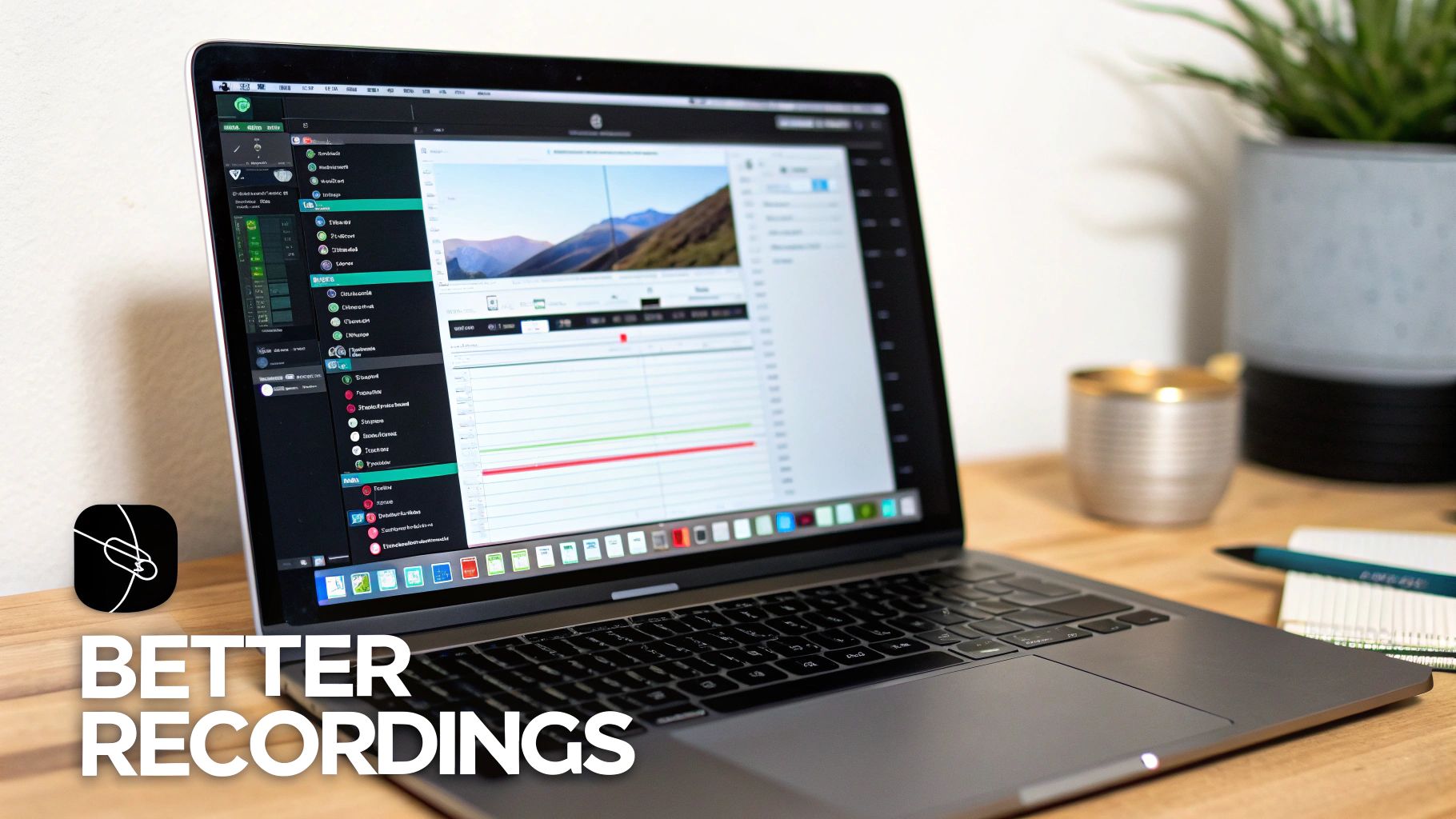 A laptop displaying recording software and a mountain image on a wooden desk with a plant and cup.