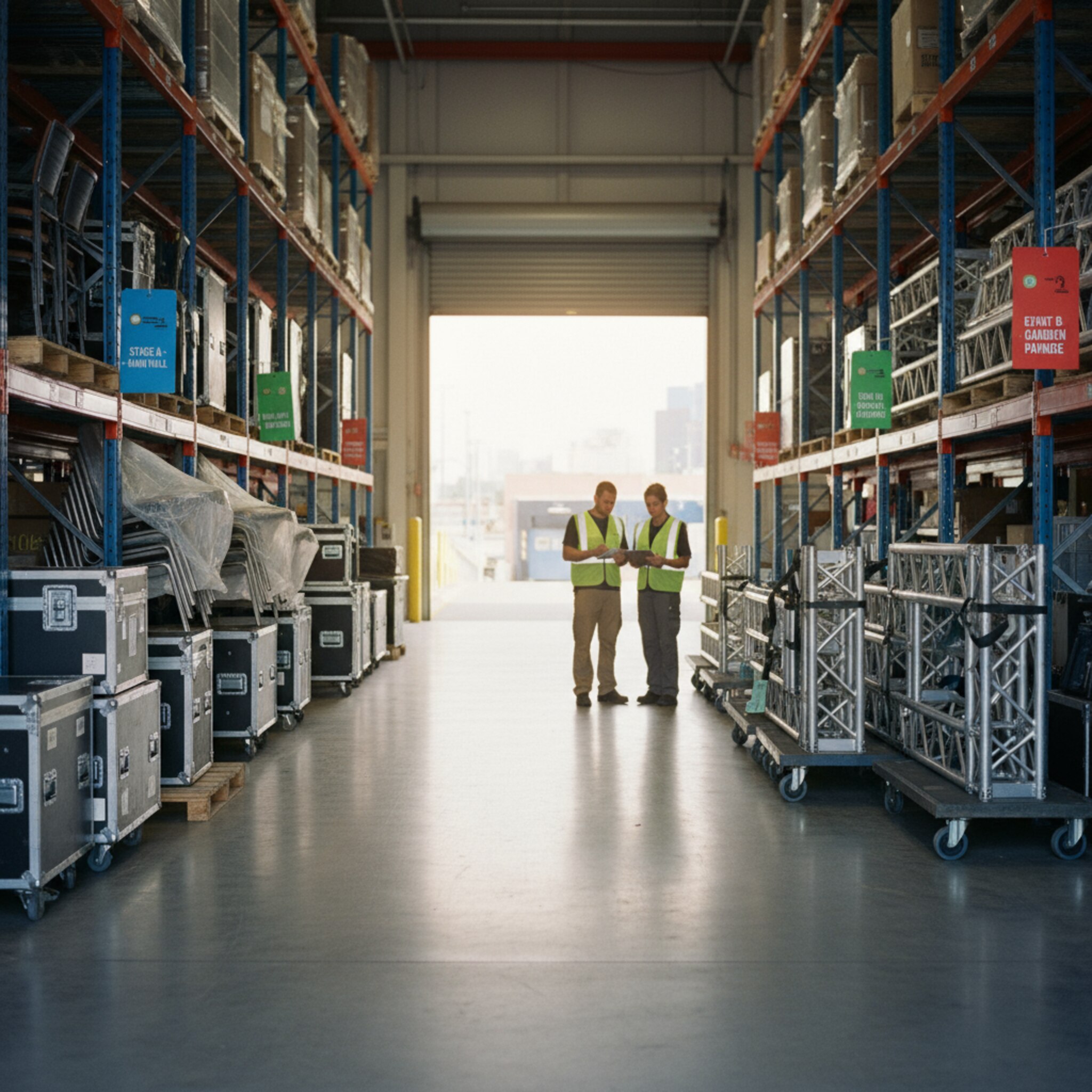 Zwischen hohen Regalen stehen gruppierte Möbel, beschriftete Cases und sauber gebündelte Traversen auf Rollbrettern. Farbige Hängekarten ordnen die Ressourcen bestimmten Zielorten zu. Ein freier Gang führt zur Rampe, wo Tageslicht den Bereich abgrenzt. Alles wirkt geordnet und startklar für die nächste Disposition.