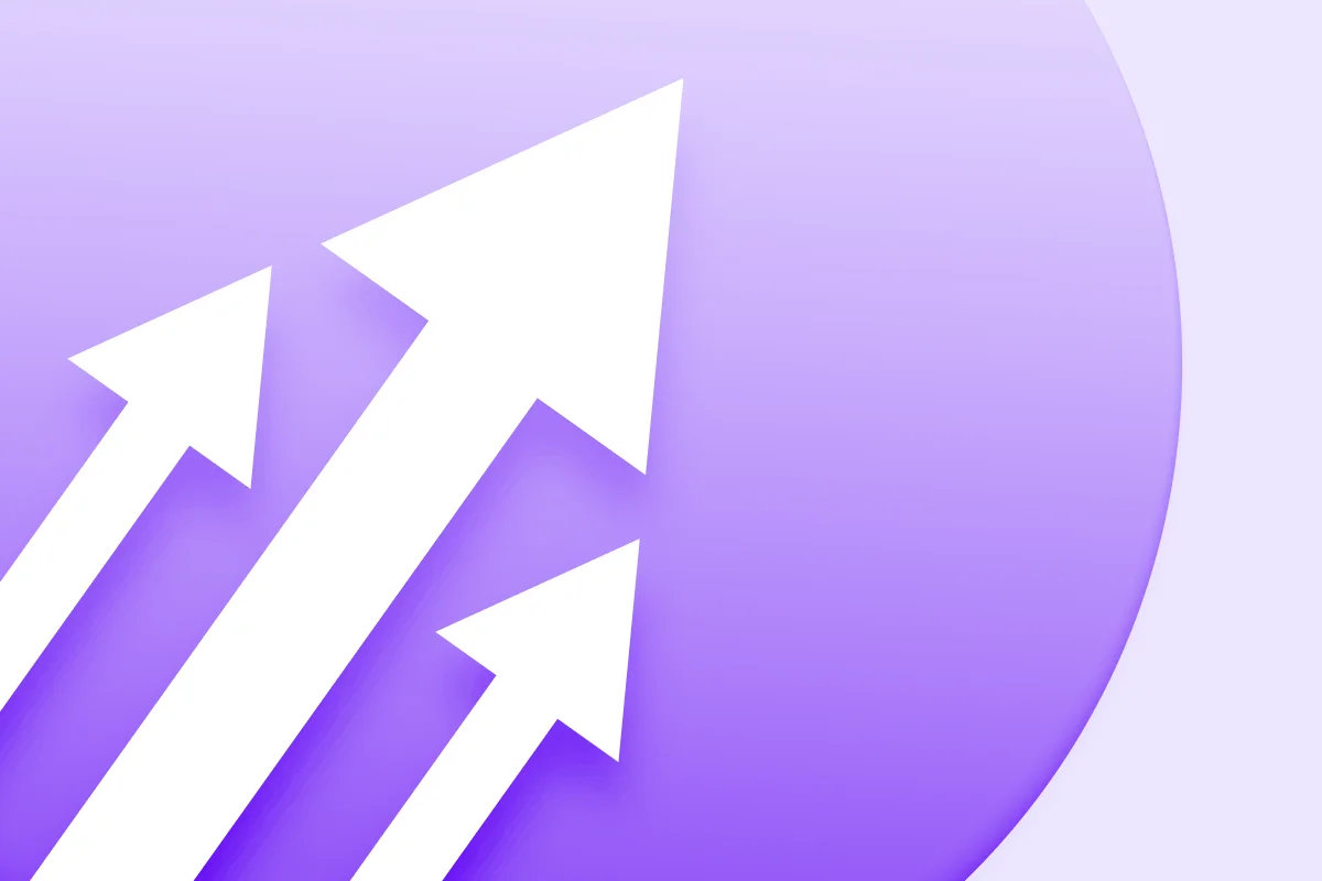 Abstract graphic featuring three upward-pointing arrows on a soft purple background.