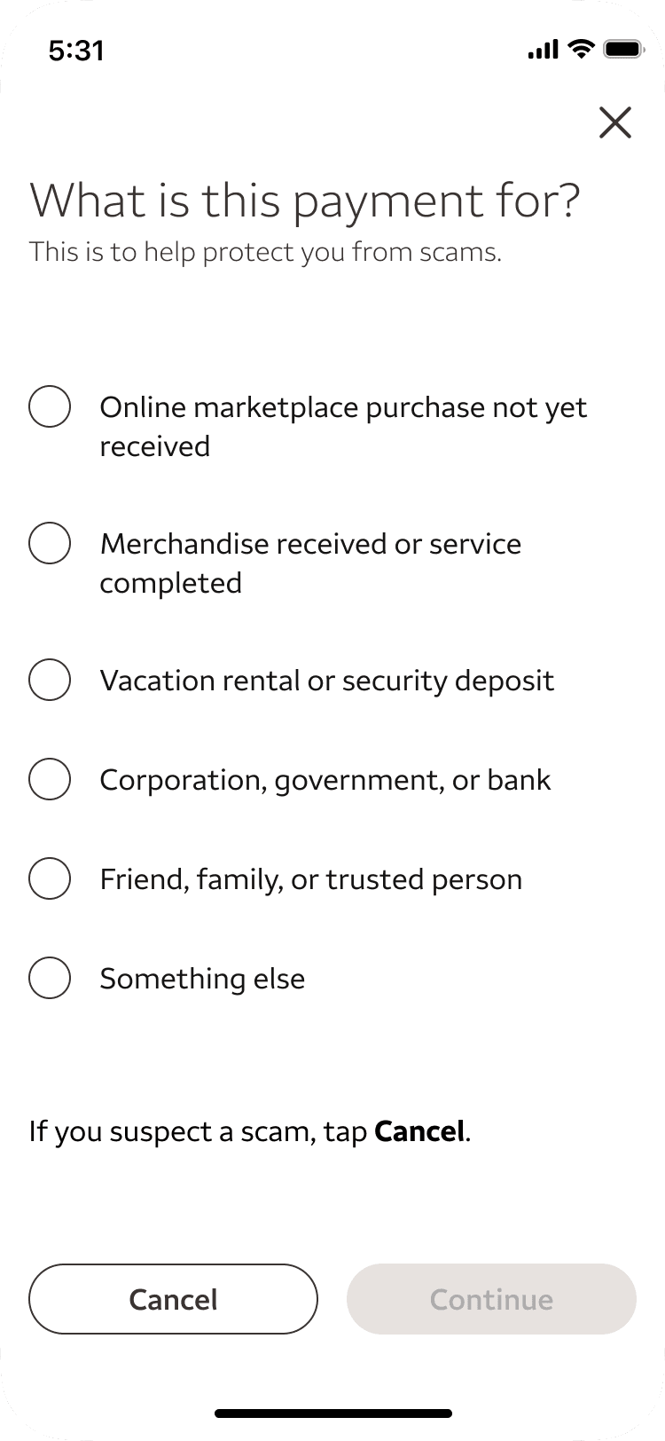 Purpose of payment disclosure modal with radio button options