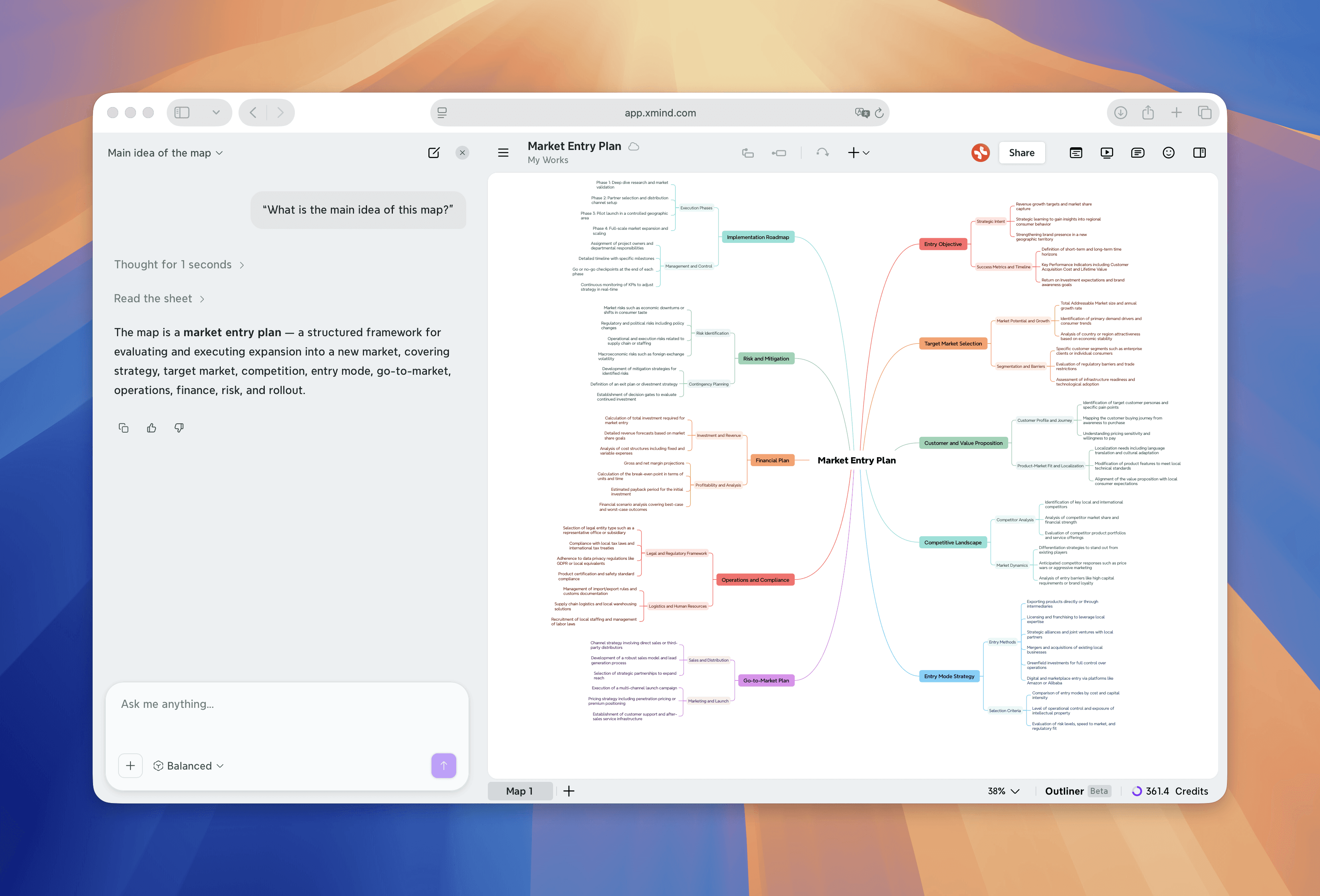 Show an answer from Xmind AI in the chatbot inside the mind map about the question about the existing mind map