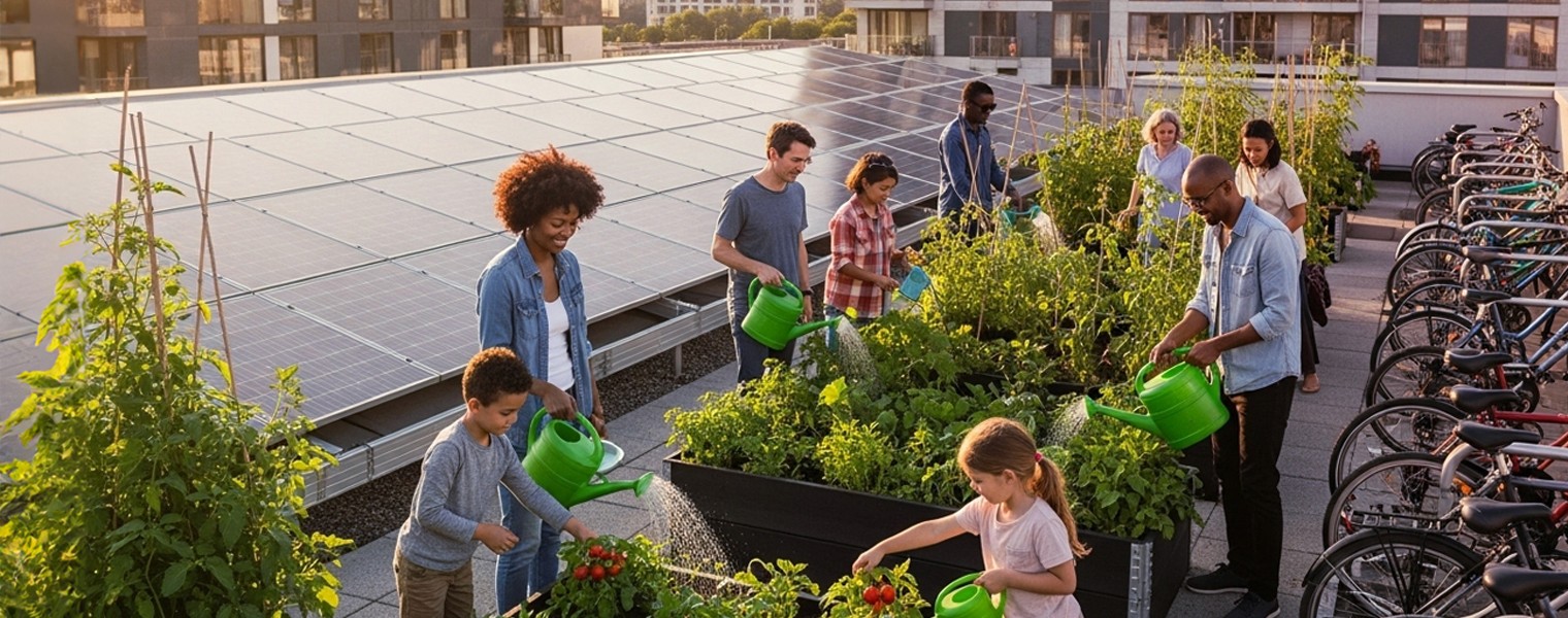 People doing some gardening on a rooftop.