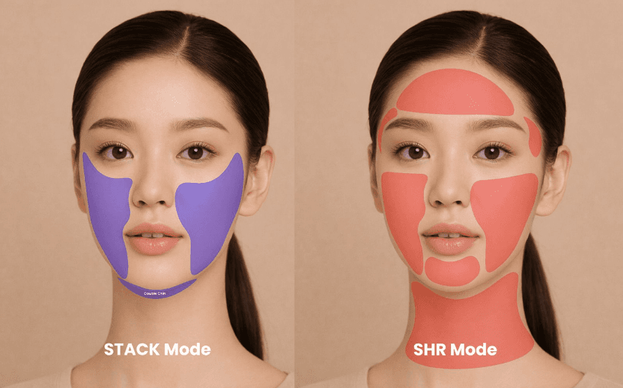 Facial mapping illustration of Stack Mode and SHR Mode areas treated during Titanium Lifting in Singapore.