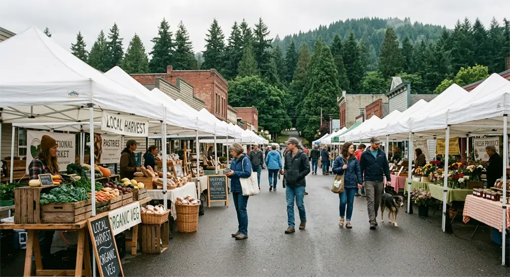 Outdoor farmers market on a small town main street with vendors and shoppers