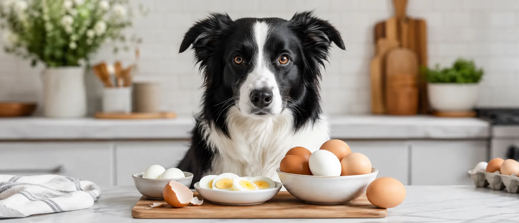 A Border Collie sitting at a counter beside bowls of whole and sliced boiled eggs.