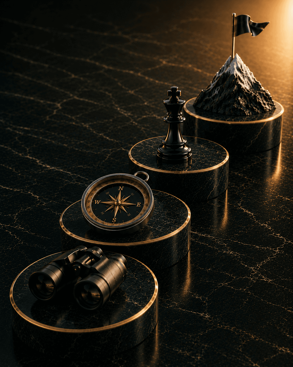 Compass, binoculars, chess king, and a flagged summit on gold-veined marble, symbolizing perspective, strategy, execution, and impact