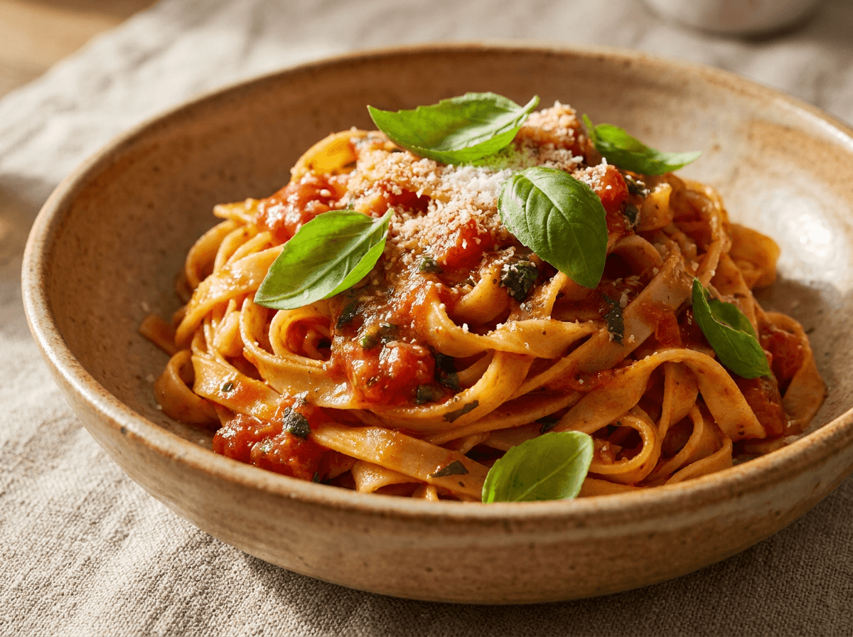 Close-up of tomato-basil pasta for an easy school night dinner