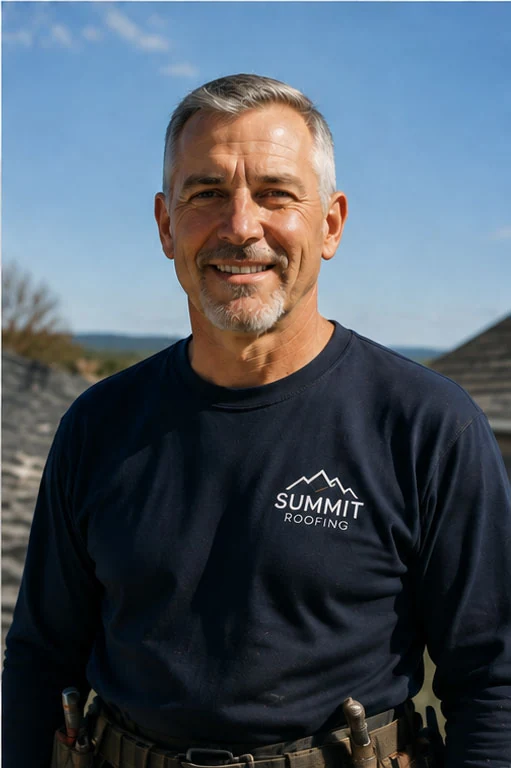 Smiling roofer in Summit Roofing workwear outdoors