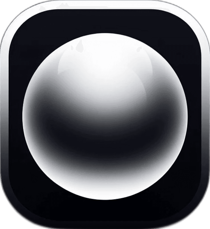 A shiny, smooth, 3D-rendered black and white sphere is centered against a dark background, reflecting light to create a polished and futuristic appearance.
