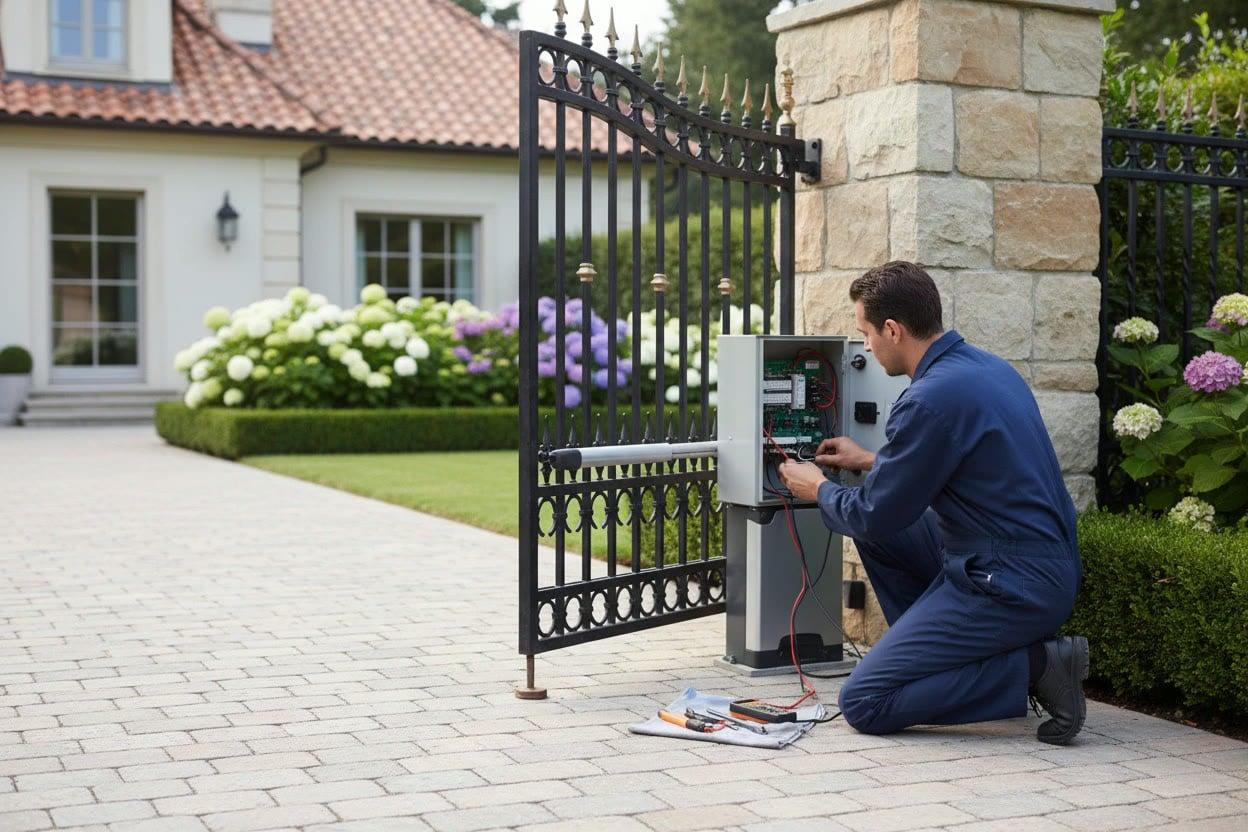 Technician repairing a modern automatic driveway gate at a luxury home