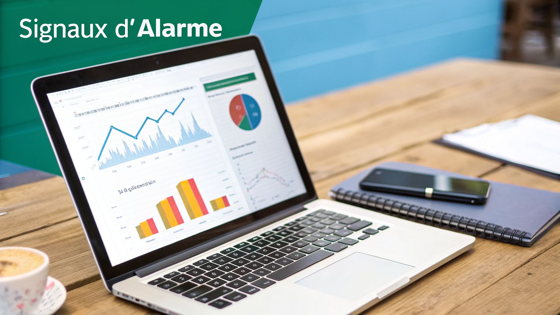 Ordinateur portable affichant des graphiques de données et des signaux d'alarme sur une table en bois avec café et smartphone.