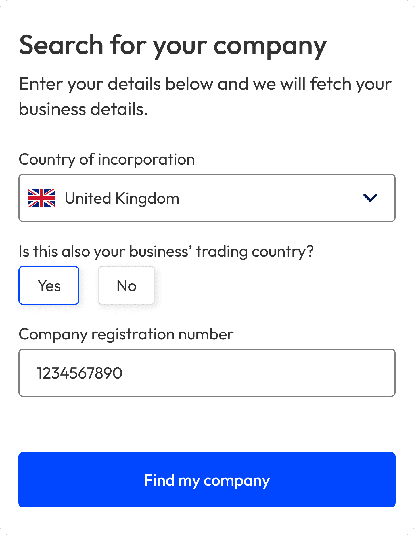 Screenshot of a page that lets people auto populate company details by searching for their company.