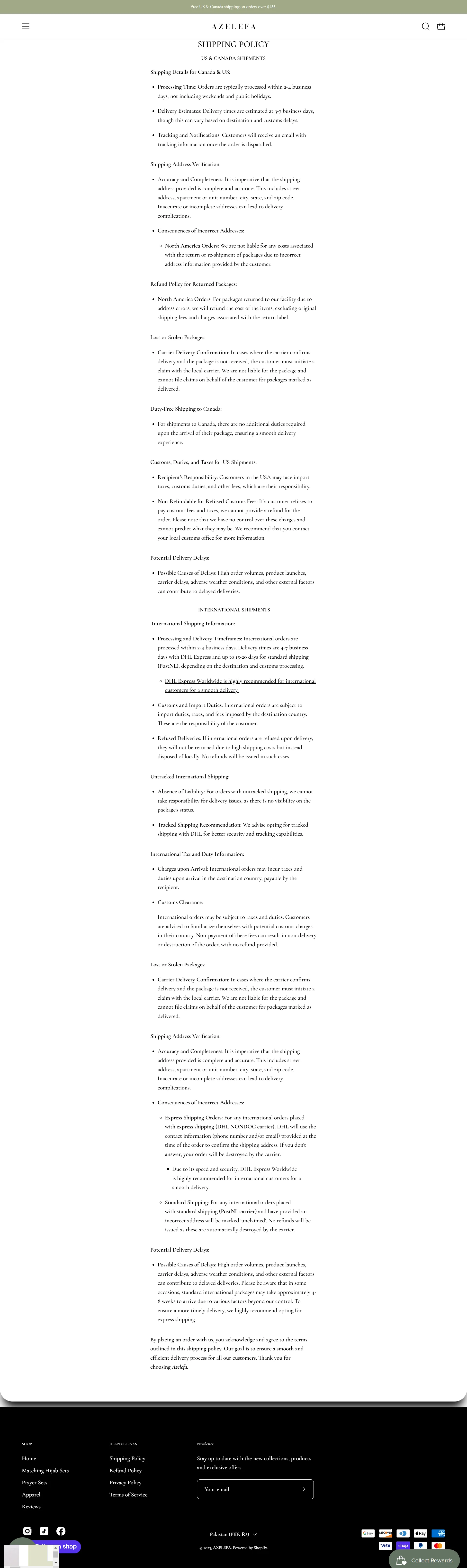 policies shipping policy page for azelefa website developed & designed by Dreams Agency Mississauga, Ontario