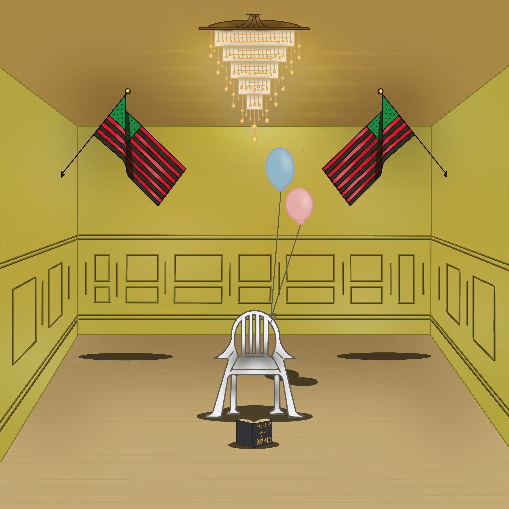 Illustration of Kendrick Lamar's "Squabble Up" video--picnic chair, African American flags, balloons and a book.