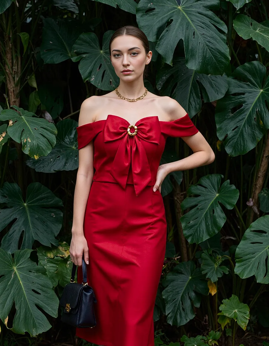 Elegant red off-shoulder dress with bow detail against large tropical monstera leaves, paired with gold chain necklace and black handbag