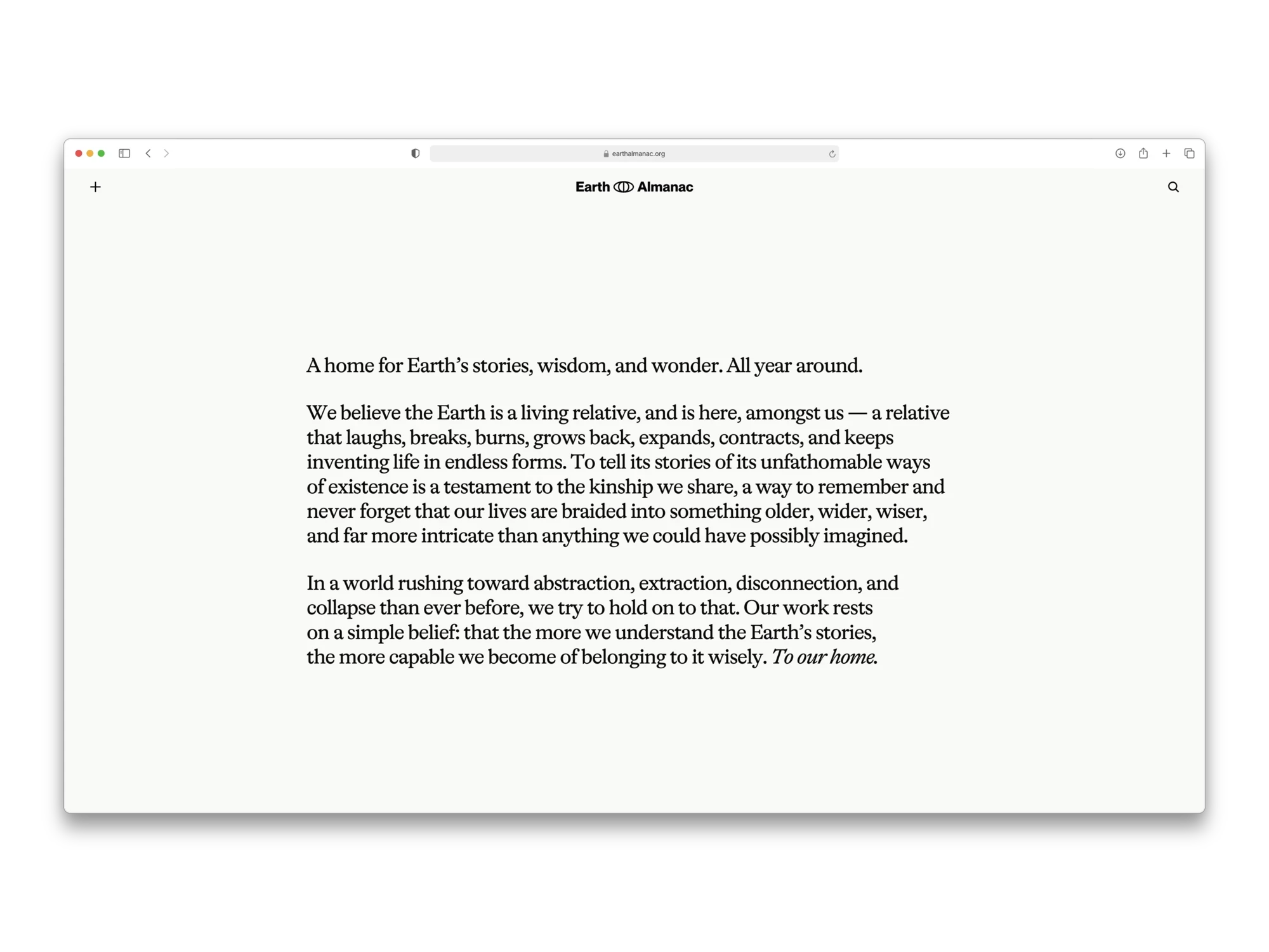 Earth Almanac manifesto page with a short serif text about the living world