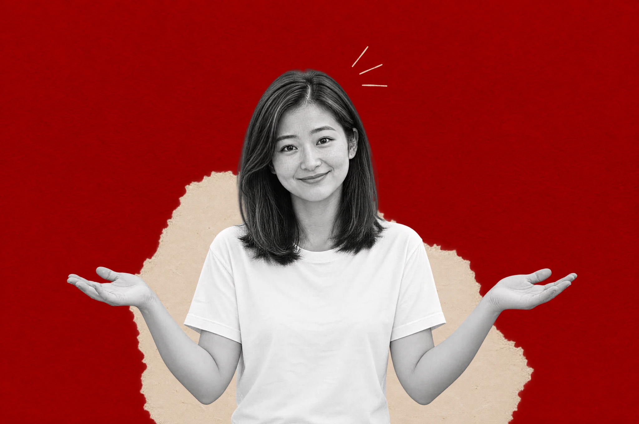 A woman shrugging with both palms raised, framed by torn cream paper on a textured red background.