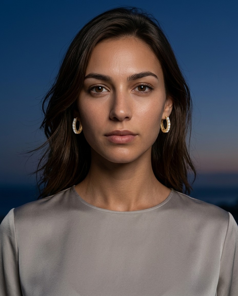 Elena Valenti AI model wearing silver hoop earrings, blue hour cinematic outdoor portrait, Gemzy AI jewelry studio