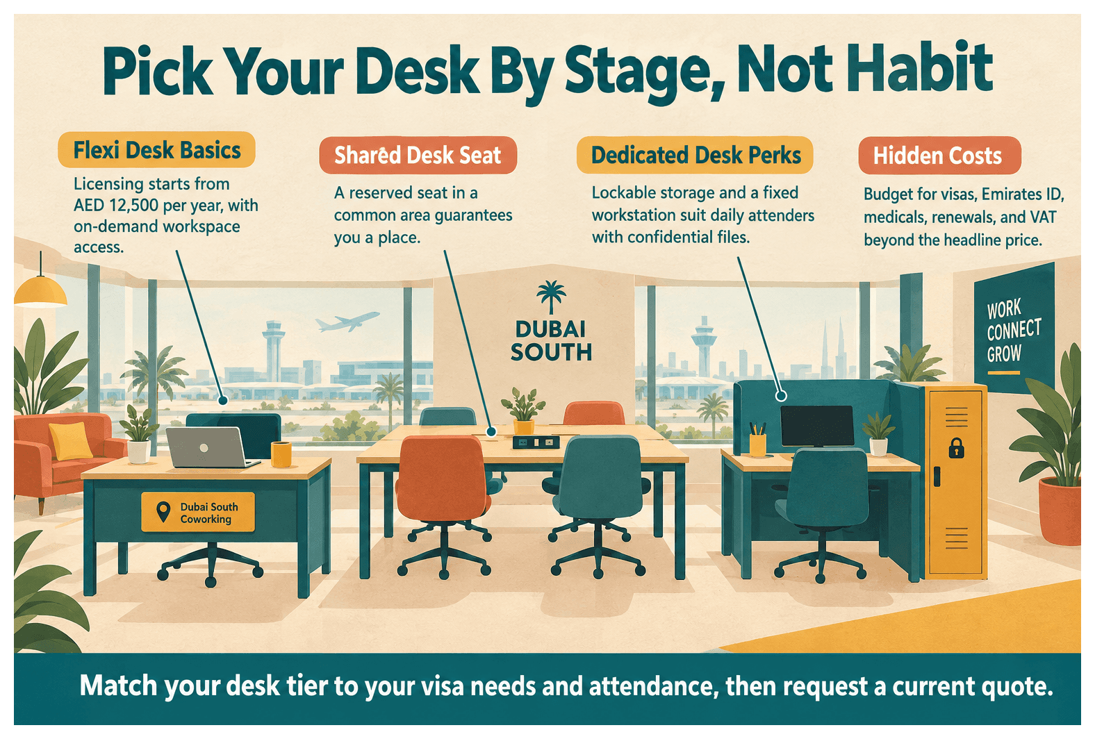 Infographic: Flexi Desk vs Shared Desk vs Dedicated Desk: Cost Comparison at Dubai South
