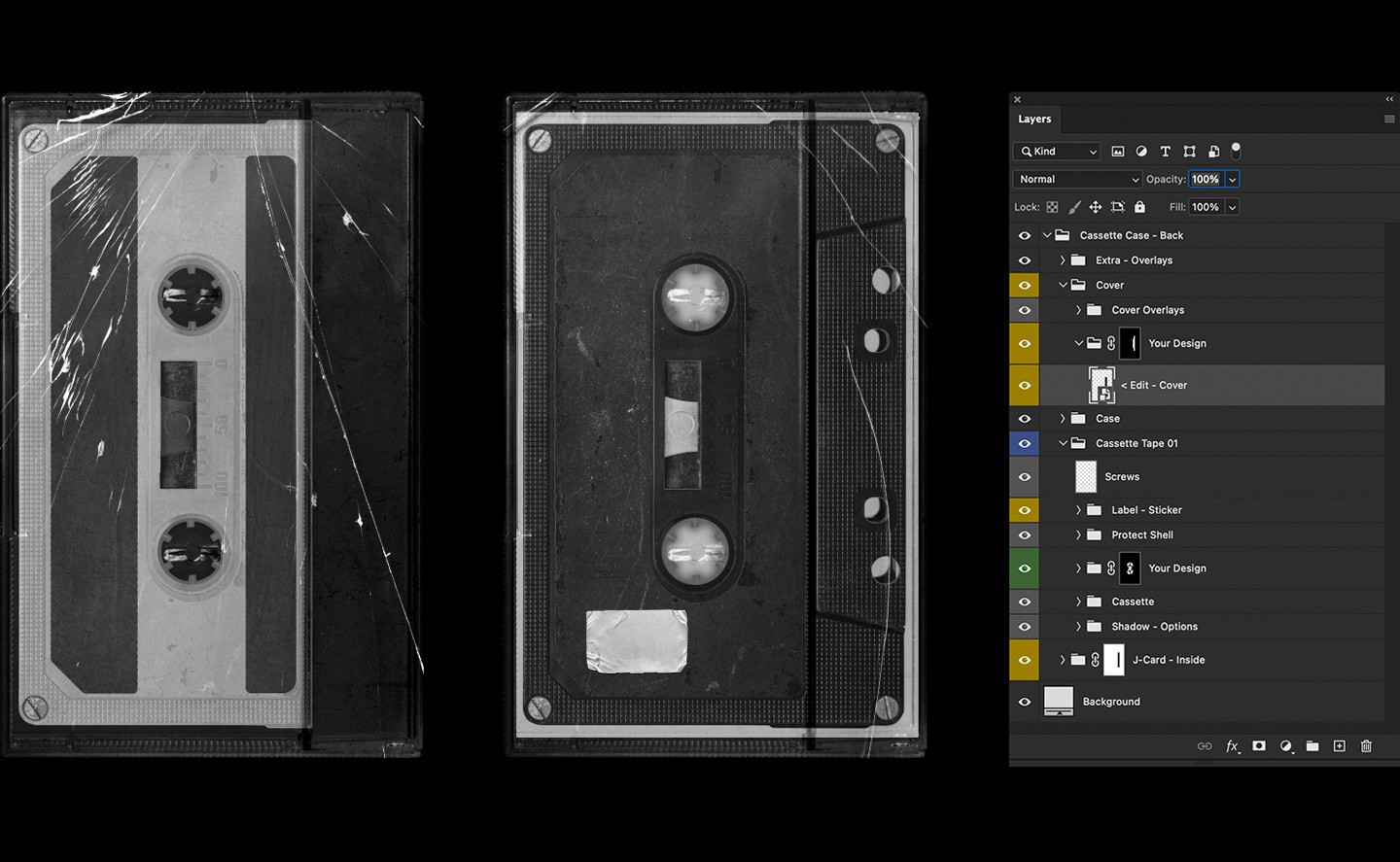 Cassette Case Mockup demonstrating the smart object layer for easy custom artwork placement.