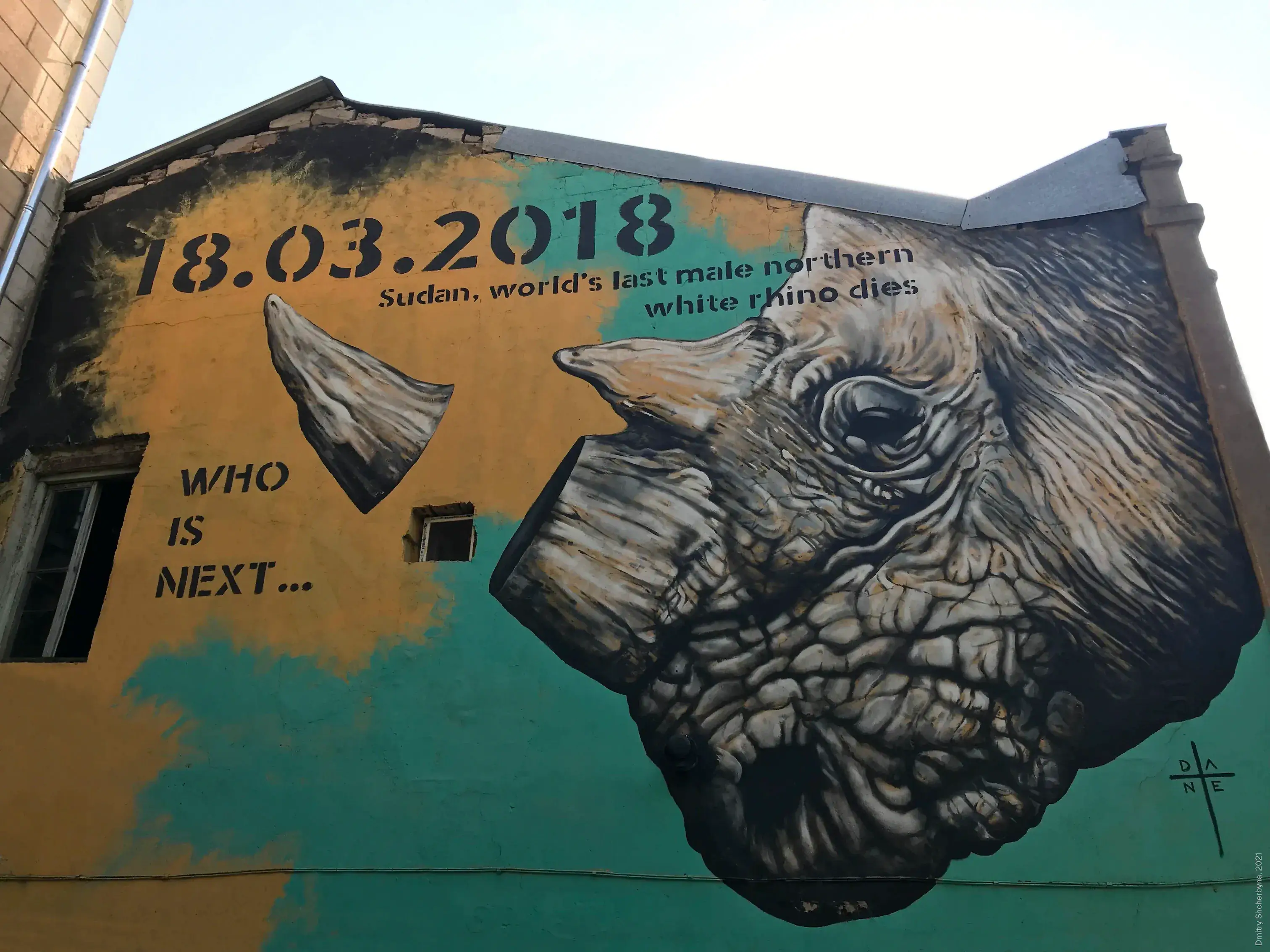 A mural memorializing the last male northern white rhino features a detailed grayscale rhinoceros head with its horn separated from its body. The text reads "18.03.2018," "Sudan, the world's last male Northern White Rhino dies," and "Who is next?"