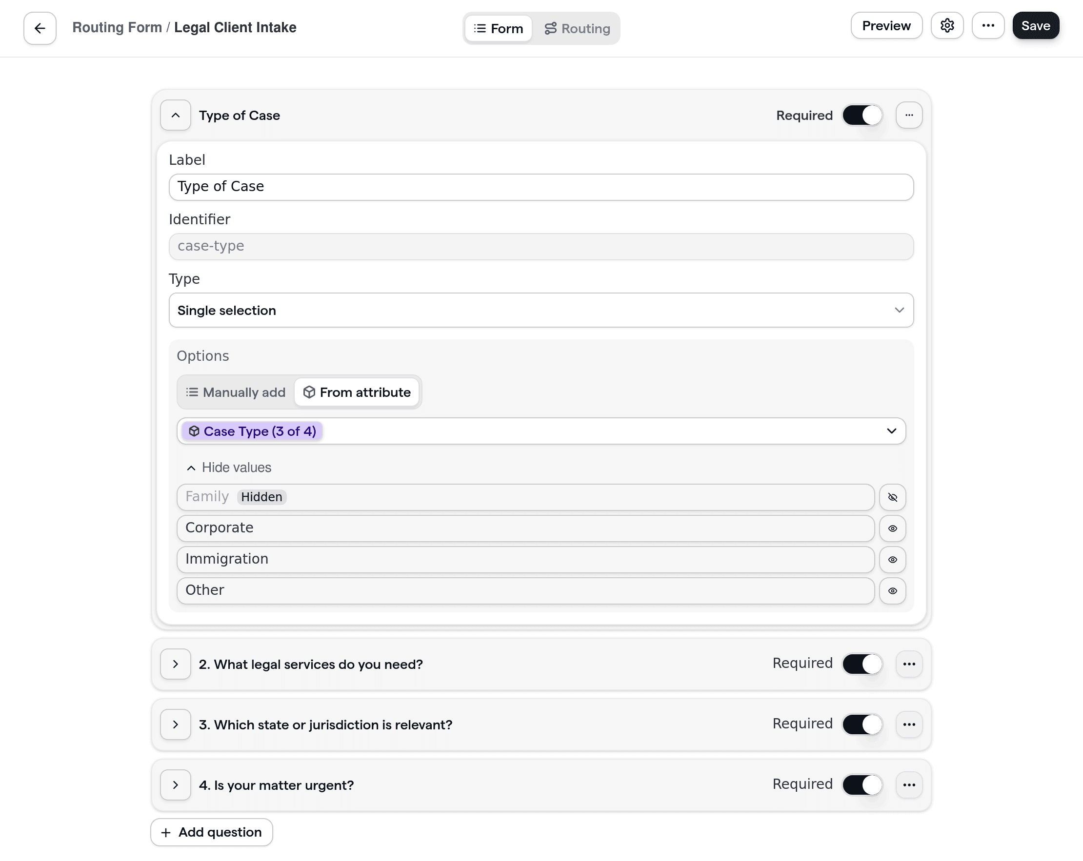 Legal client intake and routing form with questions focused on legal services, jurisdiction, and case type.