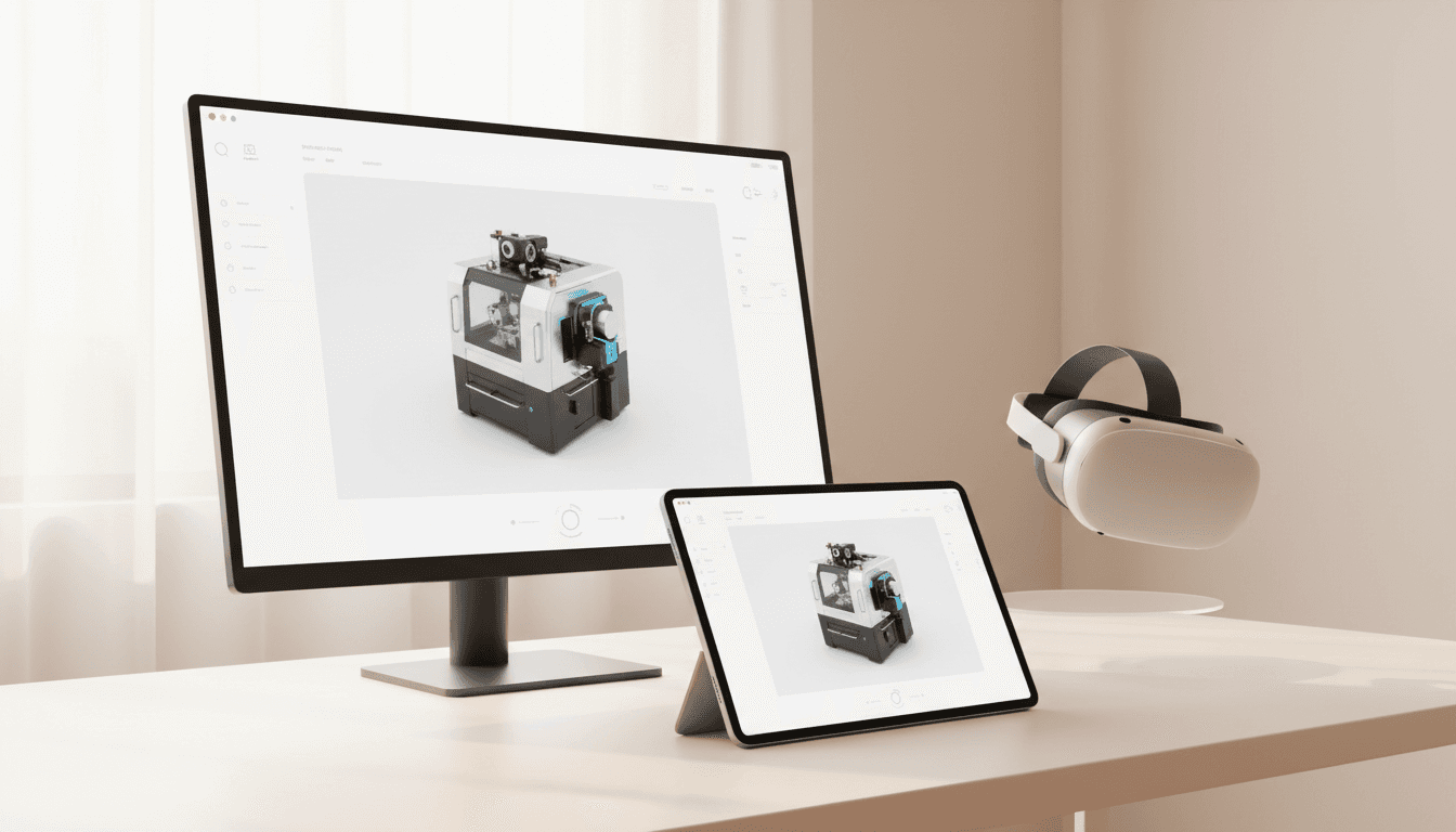 A desktop monitor and iPad displaying the same interactive 3D product experience of an industrial machine, alongside a VR headset — illustrating how interactive 3D product demos can be accessed across multiple devices and platforms, representing the future of industrial sales demonstrations for OEM teams.