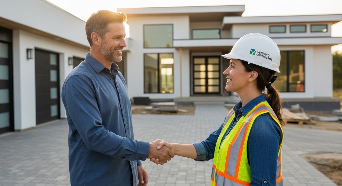 A construction worker in a yellow safety vest and hard hat is shaking hands with a man in a blue shirt outside a modern house with large windows and a paved driveway.