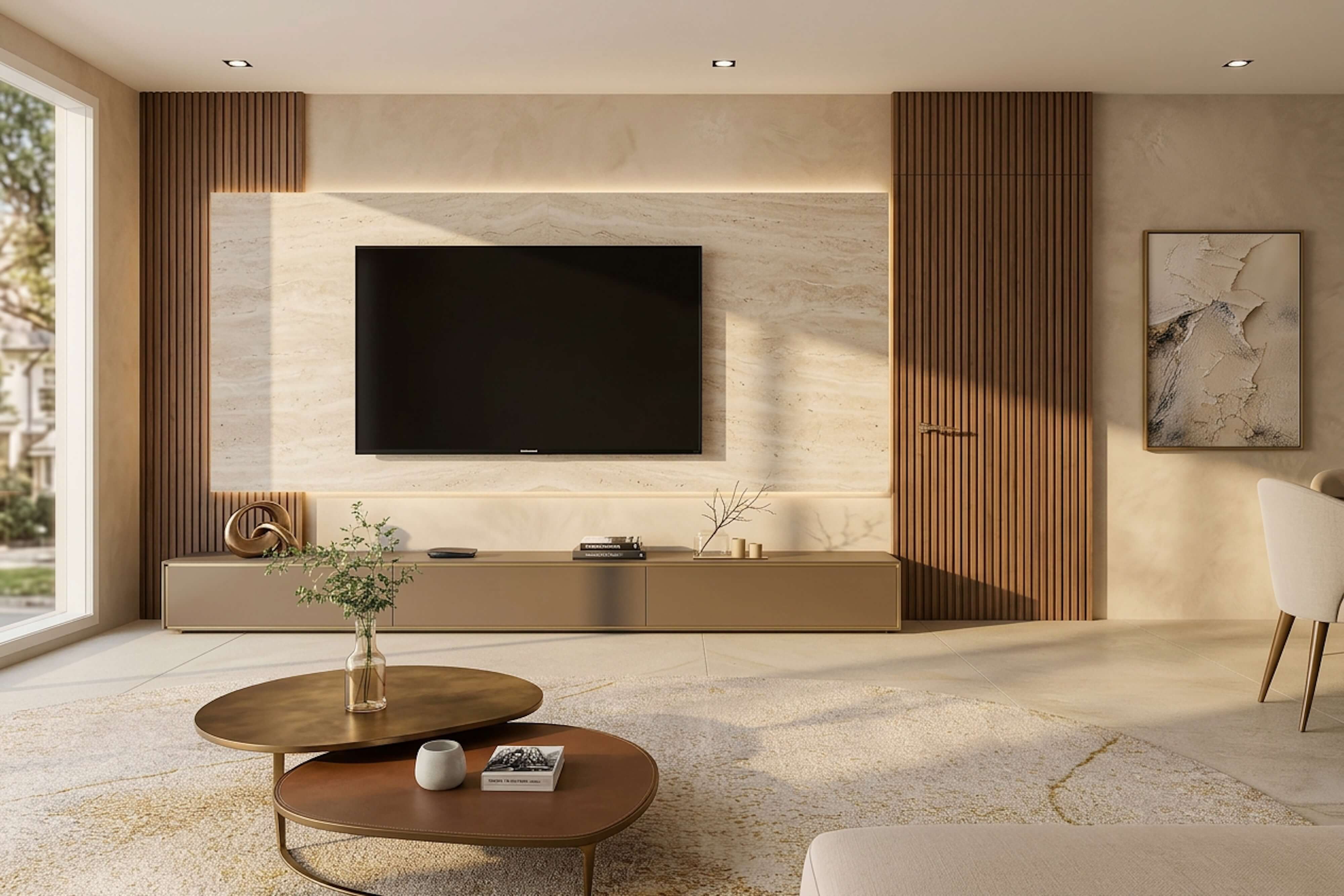 Custom media unit with textured wall panels, flat-screen TV, and modern coffee tables, perfect for full-service home renovation.