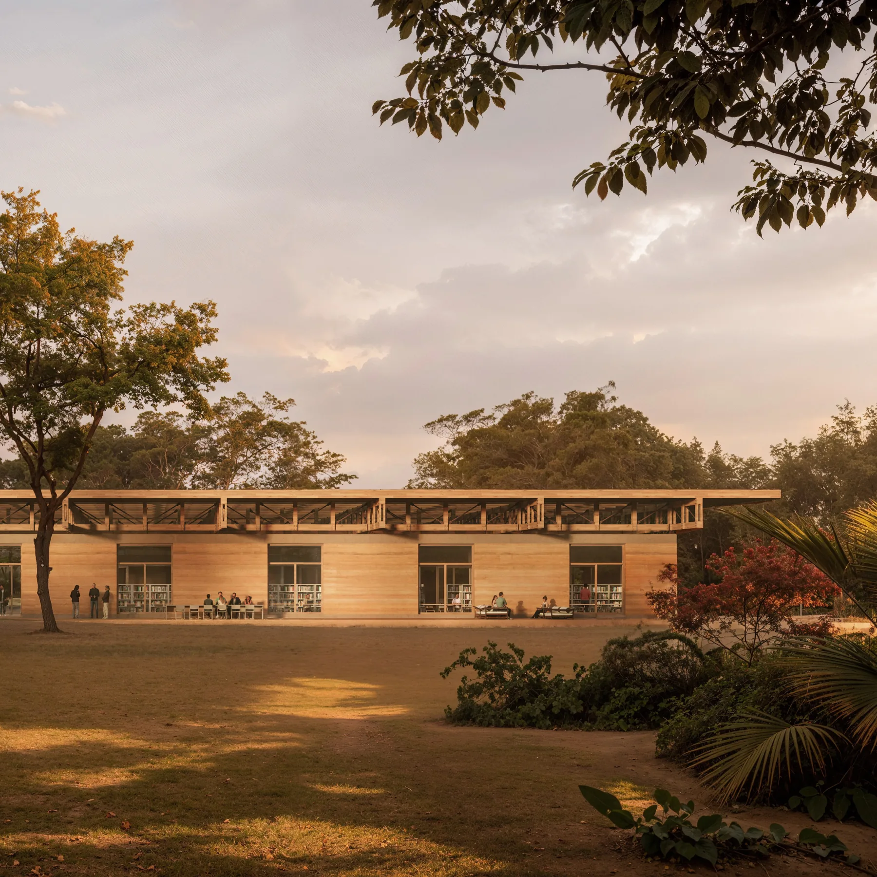 Aerial campus view with library building integrated into landscape — UFSCar Sao Carlos