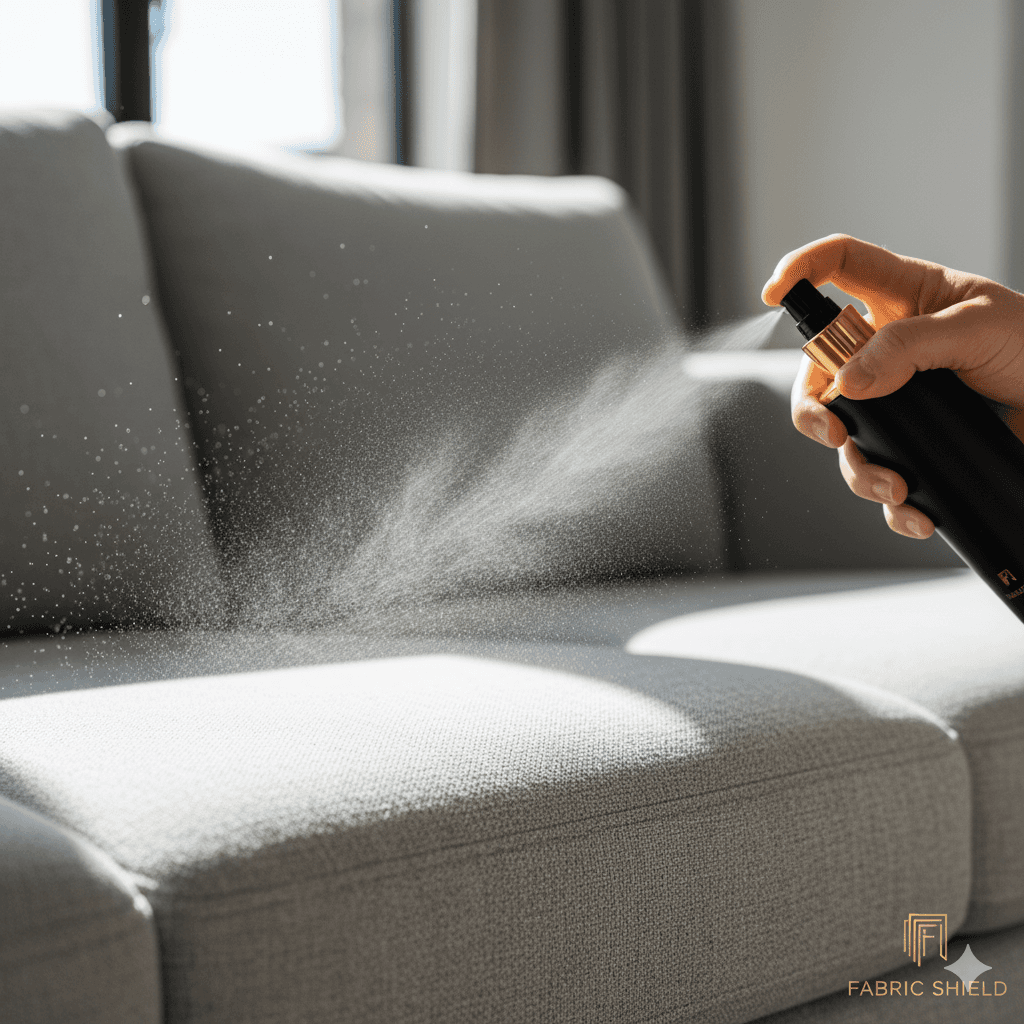 Hand sprüht Imprägnierung auf helles Sofa zur Polsterpflege