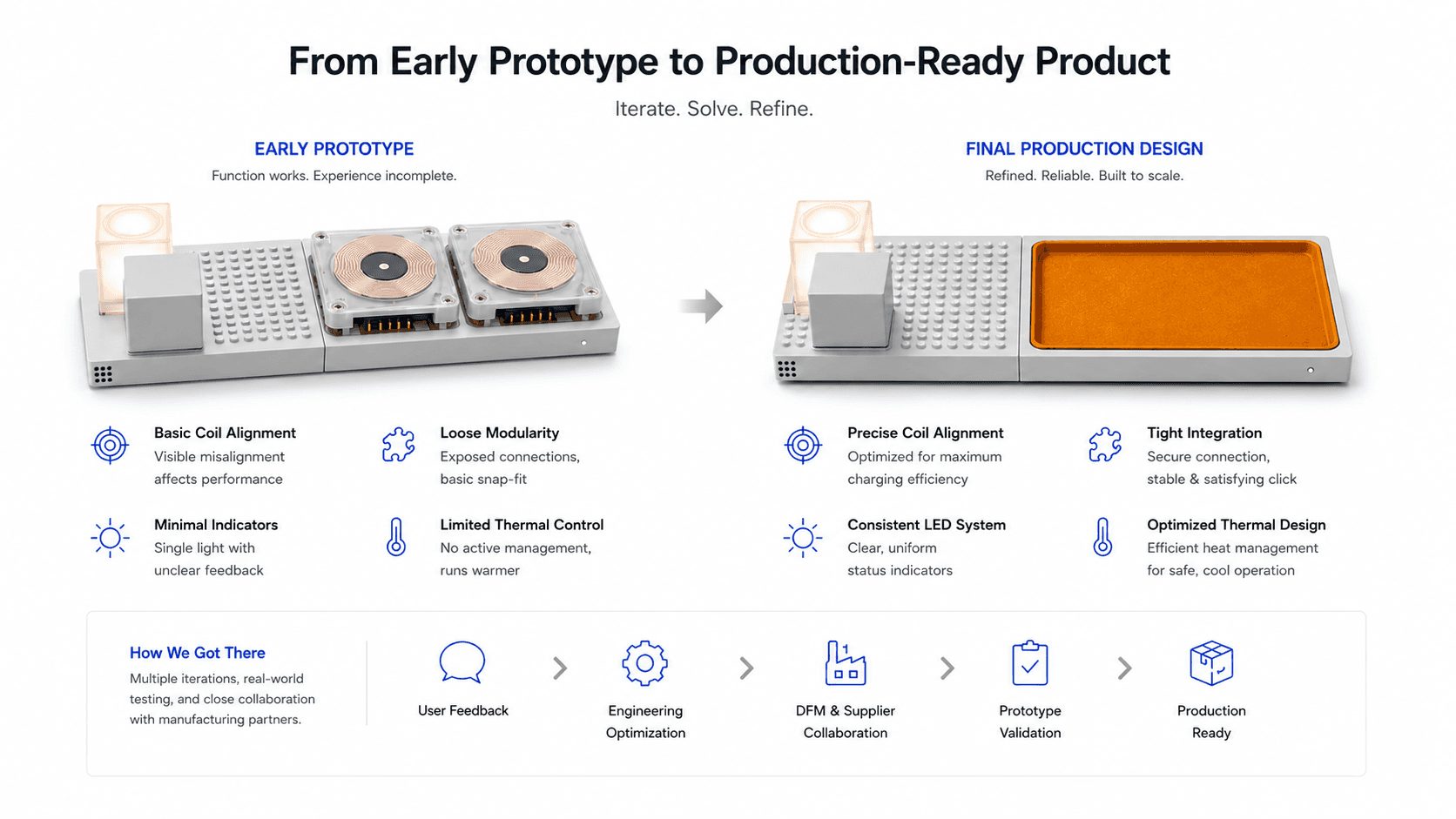 Comparison infographic showing the evolution from an early functional modular wireless charger prototype with incomplete features to a production-ready design with improved coil alignment, modular integration, LED feedback, and thermal control.