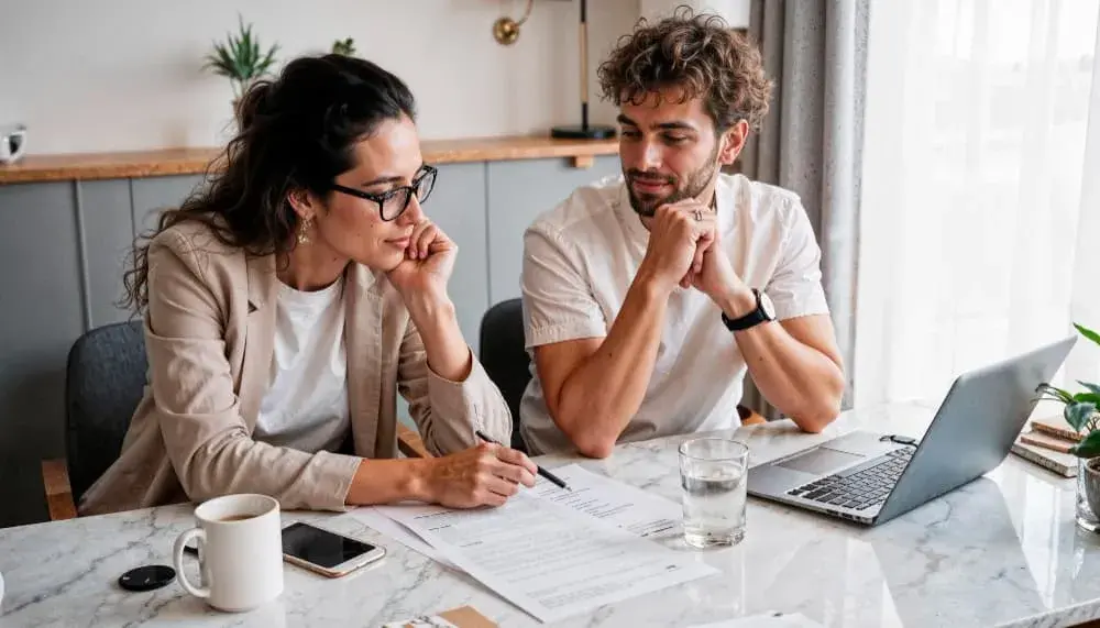 A couple sits at a kitchen table reviewing financial paperwork together with a laptop, coffee, and documents spread out. The thoughtful scene represents homebuyers navigating the mortgage process with clarity and guidance from Chris Lewis Home Loans.