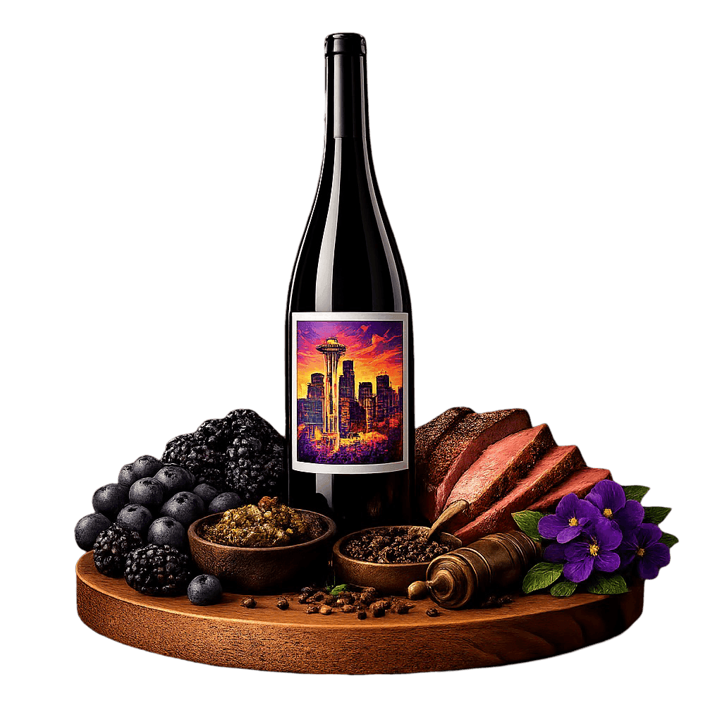 Artistic label and flavor profile for Washington Syrah on a rustic wooden table.