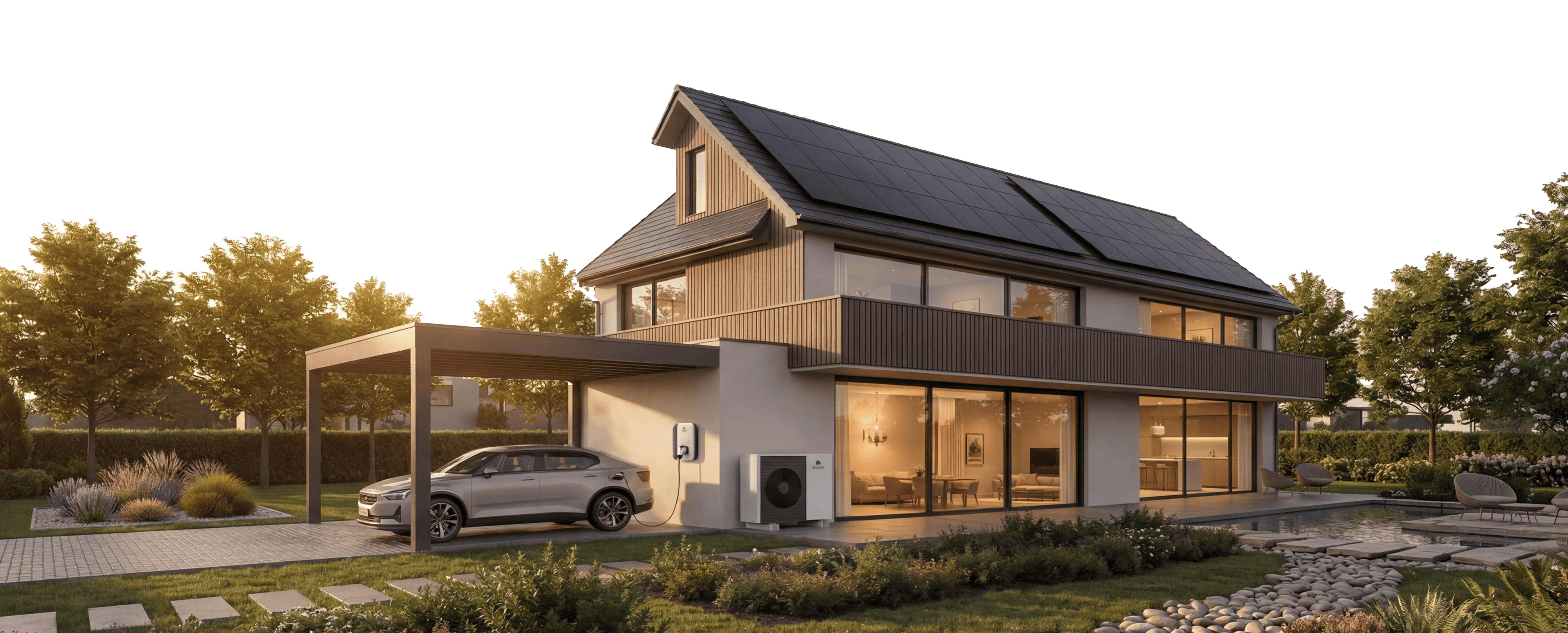 Modern house with solar panels, large windows, and a parked car.