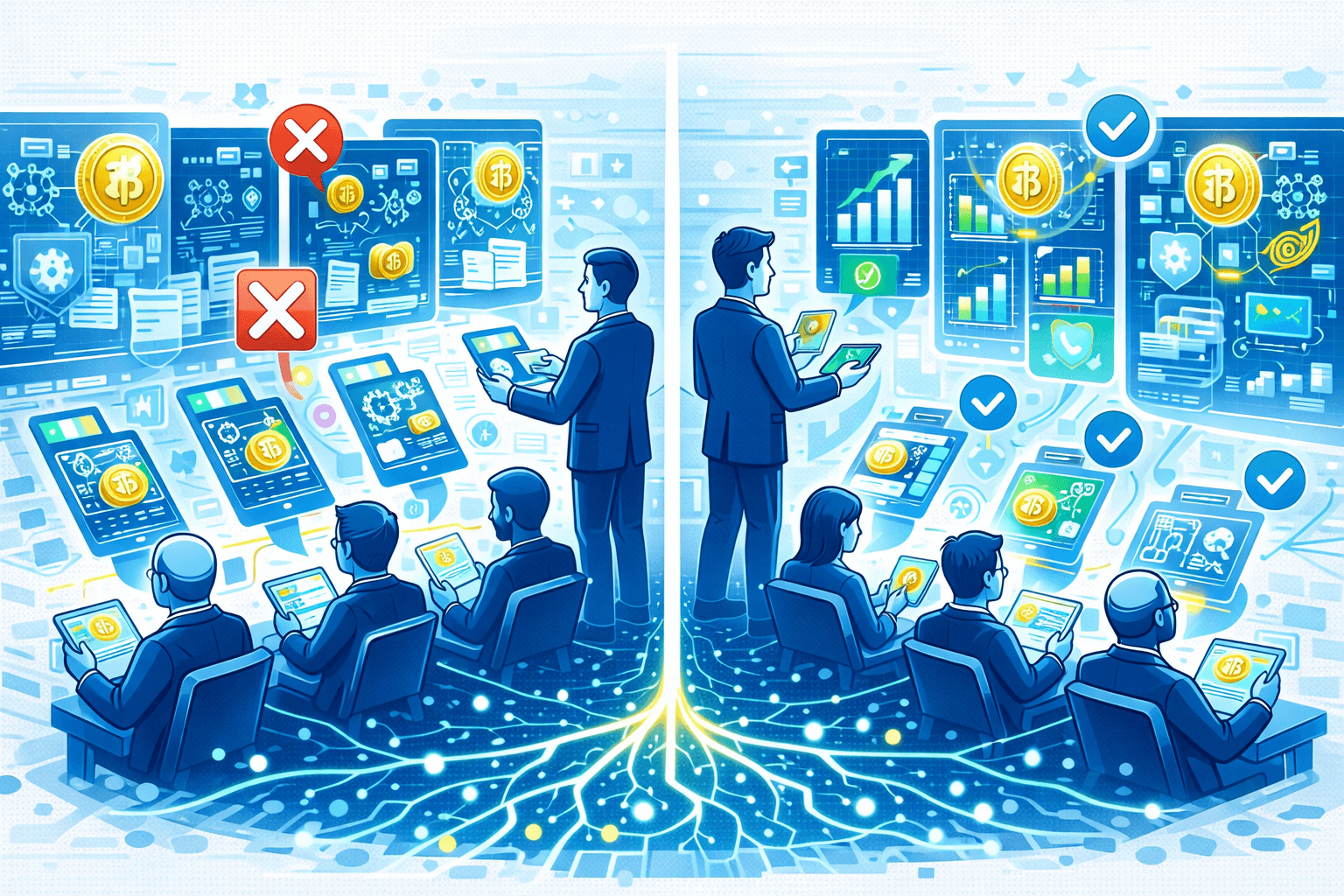 An illustration comparing two groups preparing to pitch investors: one does it wrong, the other does it right.