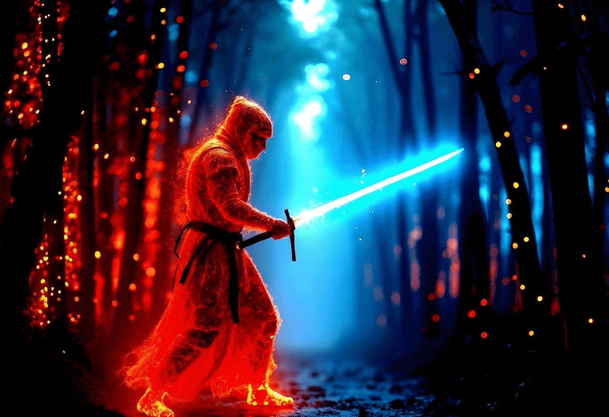 "A 'What We Do' section with a dark, enchanted forest background featuring glowing red and blue lights, and a hooded figure in the center. The section is titled 'End-to-End Video & Audio Engineering' and states 'We Handle The Tech So You Focus on Storytelling.' Below this, five service modules are listed with descriptions: AI-Powered Pre-Production, Cinematic Production Quality, Dolby Atmos Mixing, Conversion Editing, and Performance Analytics."