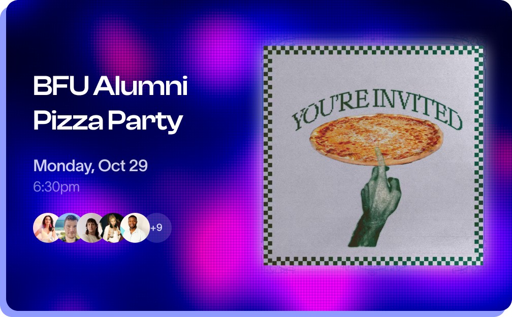 A colorful invitation for a pizza party, featuring a hand holding a pizza slice with event details below.