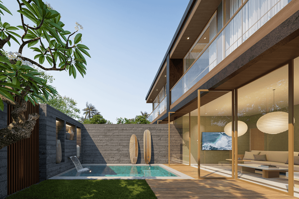 Chic living and dining space in Seseh featuring natural textures and modern real estate finishes.