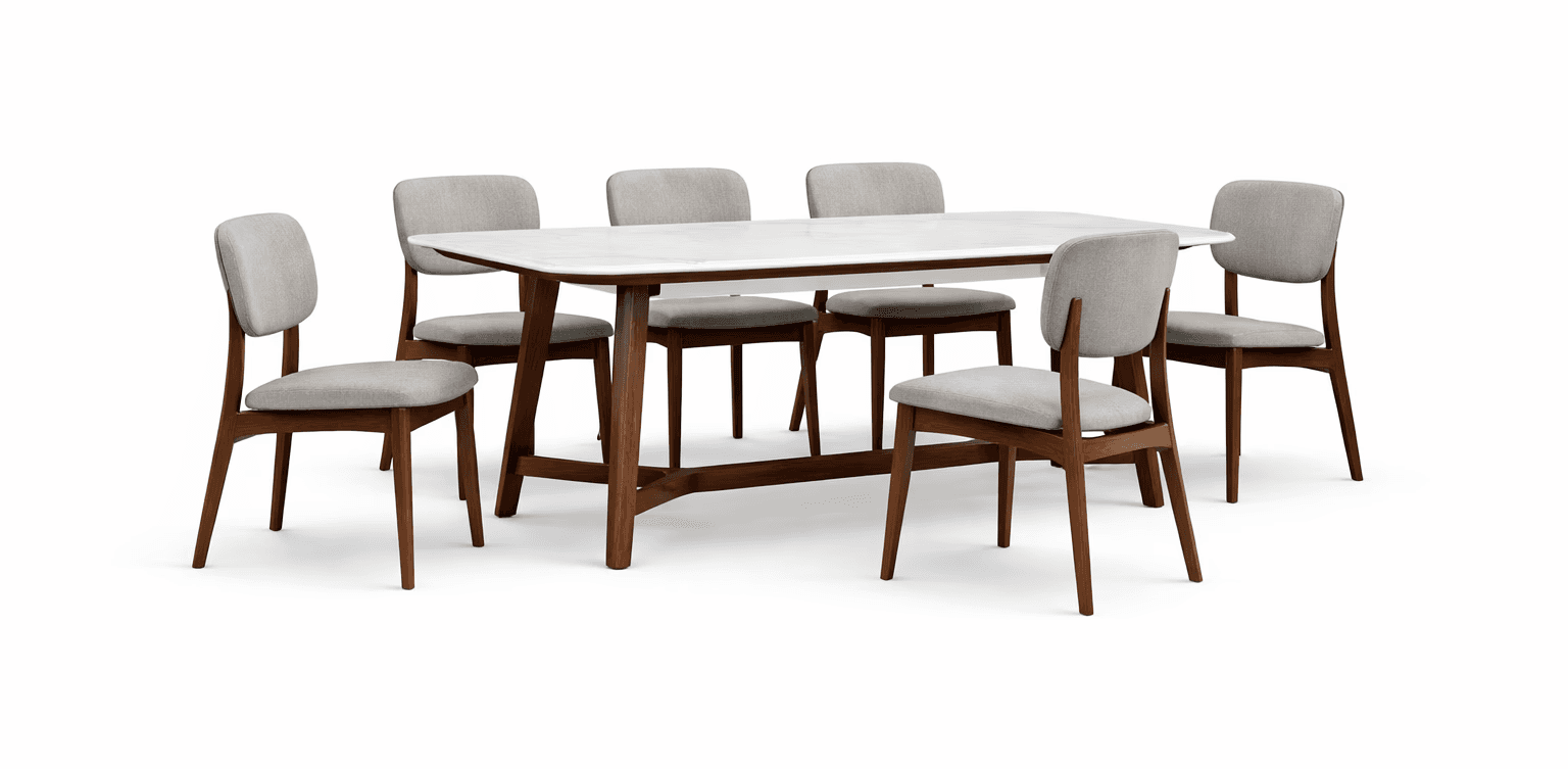 Rounded dining table with light upholstery chairs arranged for relaxed family dining