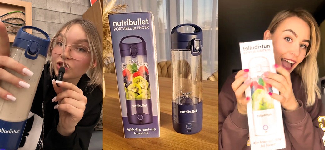 A collage featuring the Nutribullet Portable Blender and two influencers holding it