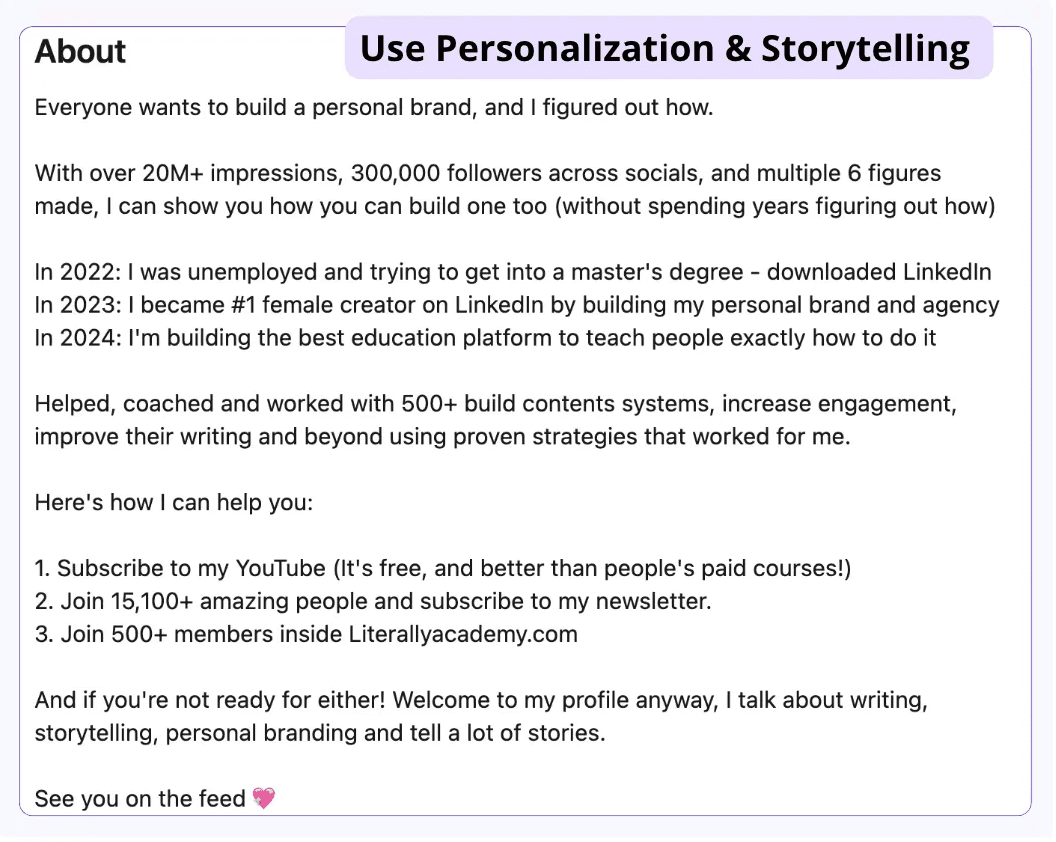 How to use personalization and storytelling on linkedin to write the perfect about me section example