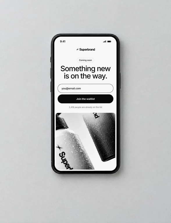 A phone showing a Superbrand waitlist page: “Something new is on the way.”