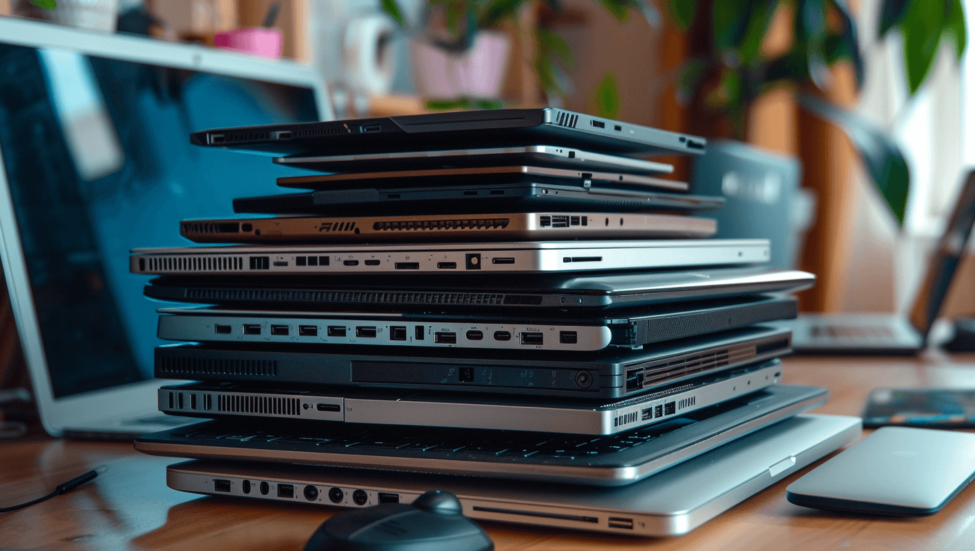 A stack of laptops and tablets of varying sizes and colors sits on a desk