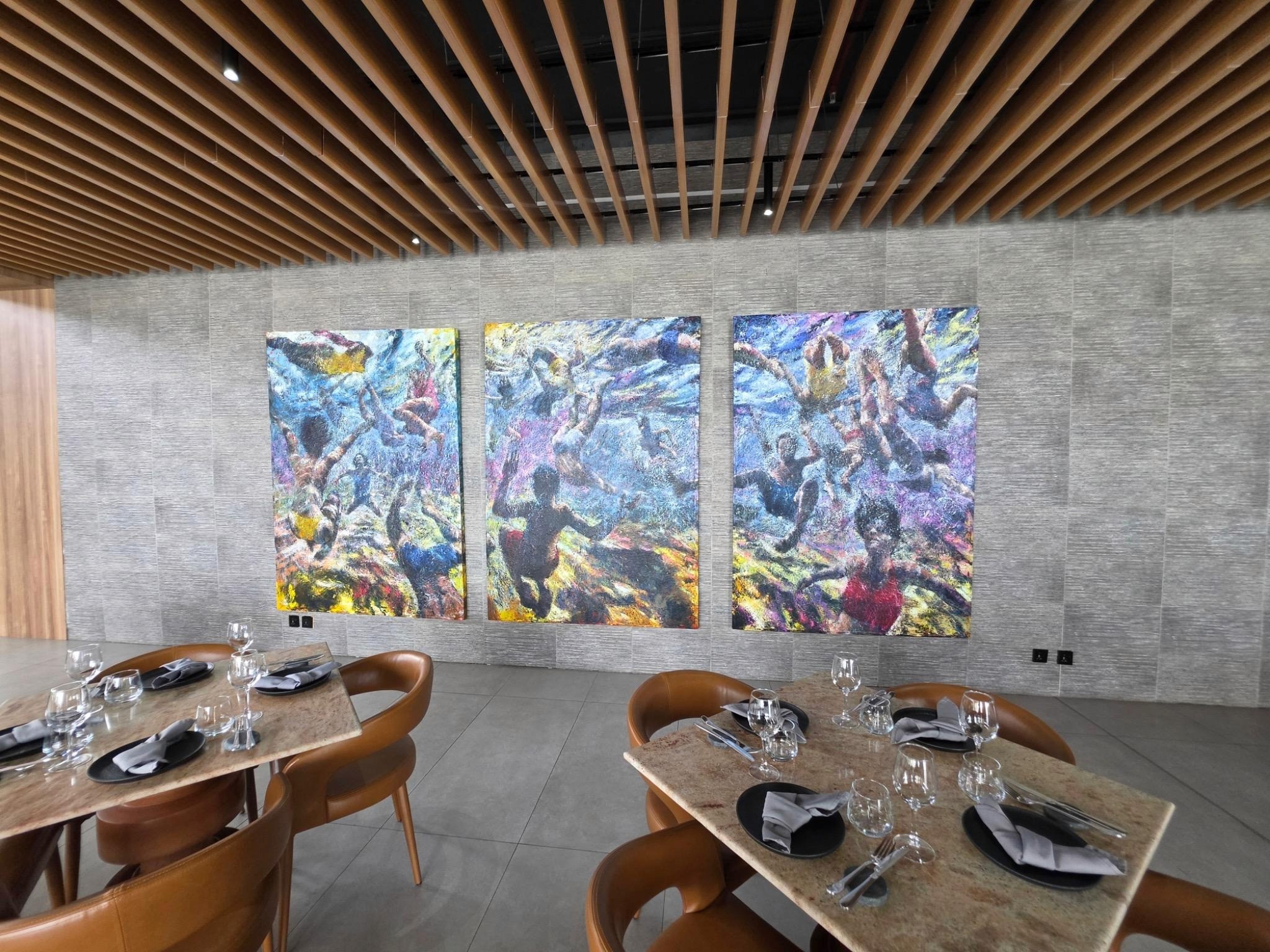Chika Idu, Catharsis (Triptych), 2026, oil on canvas. Installation view at ARAMI, Lagos. Photo: SMO Contemporary Art/Yinka Akingbade.