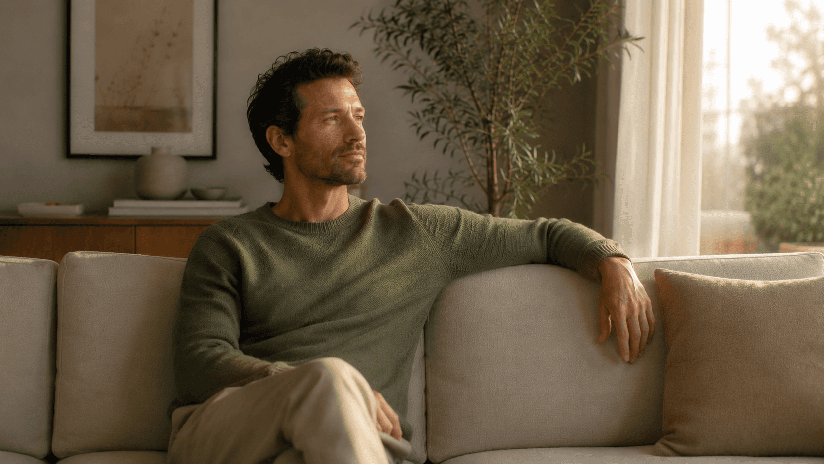 Man sitting alone on a sofa in a softly lit modern living room